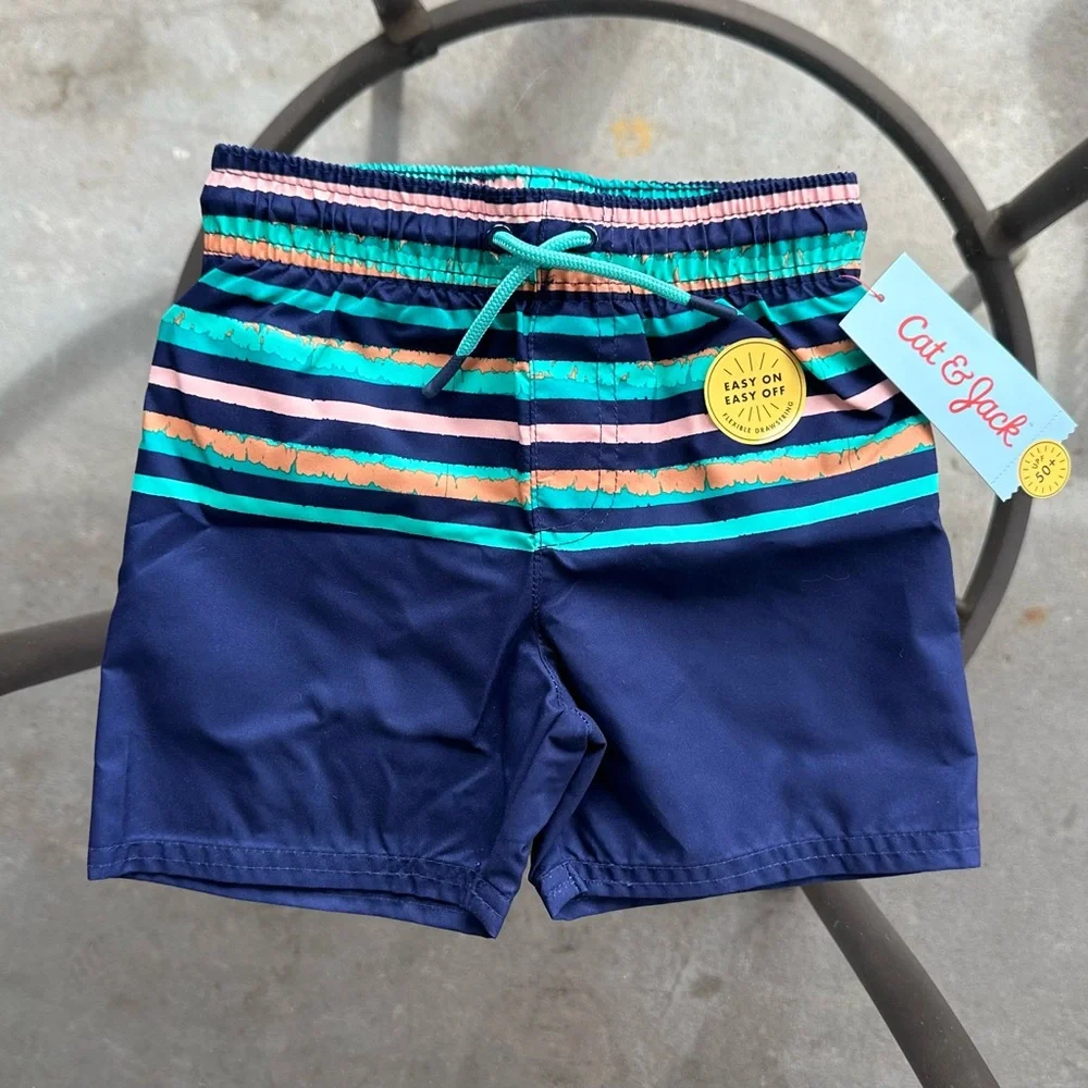 Cat & Jack Striped Swim Trunks in Navy Blue/Green/Peach - Size 2T